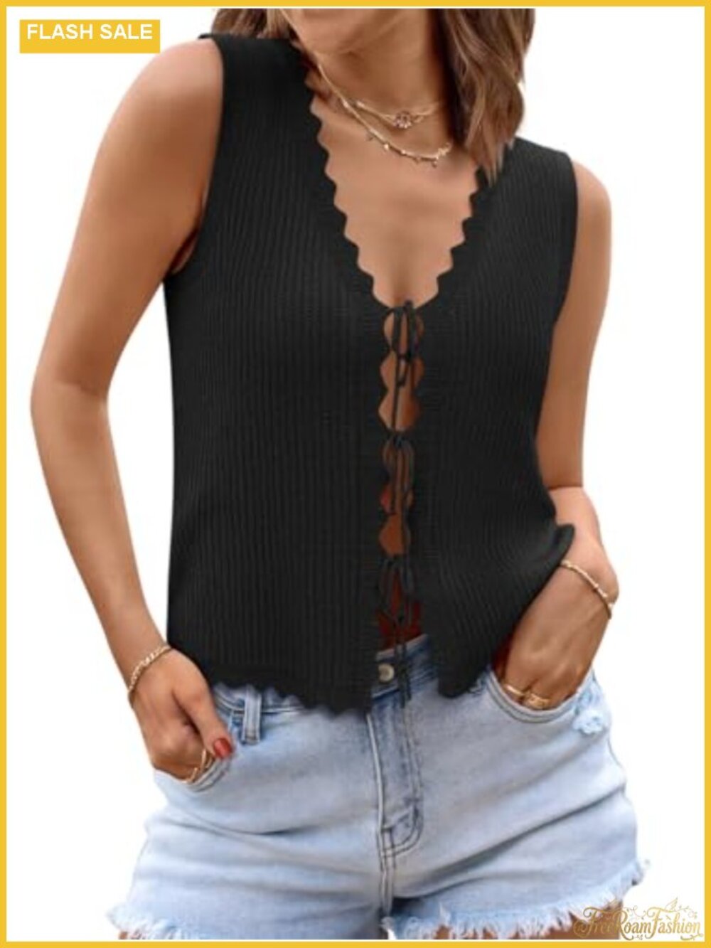 Women's Crochet Knit Tie Front Sweater Vest Sleeveless Summer Top